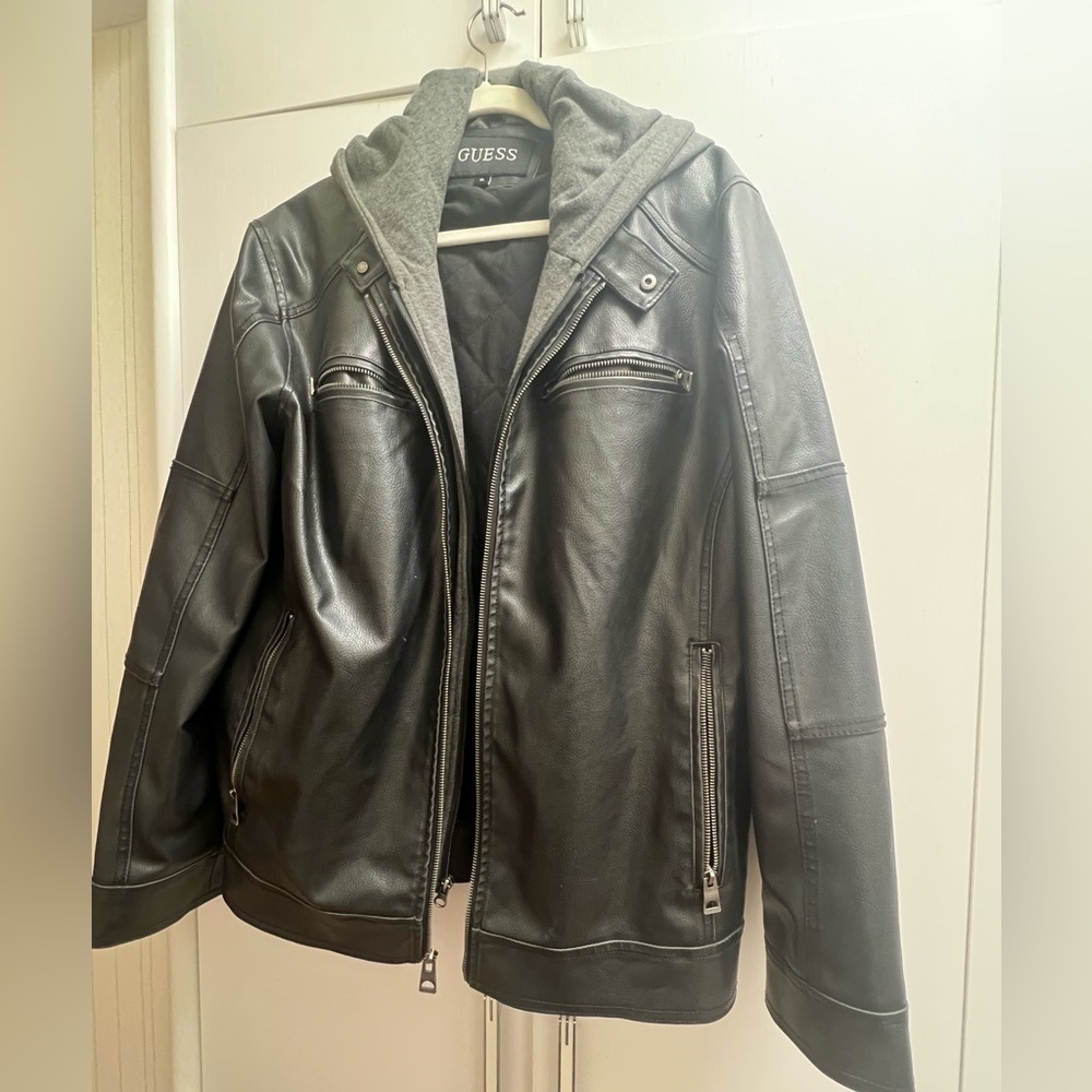 GUESS Black Leather Bomber Jacket with Gray Hood